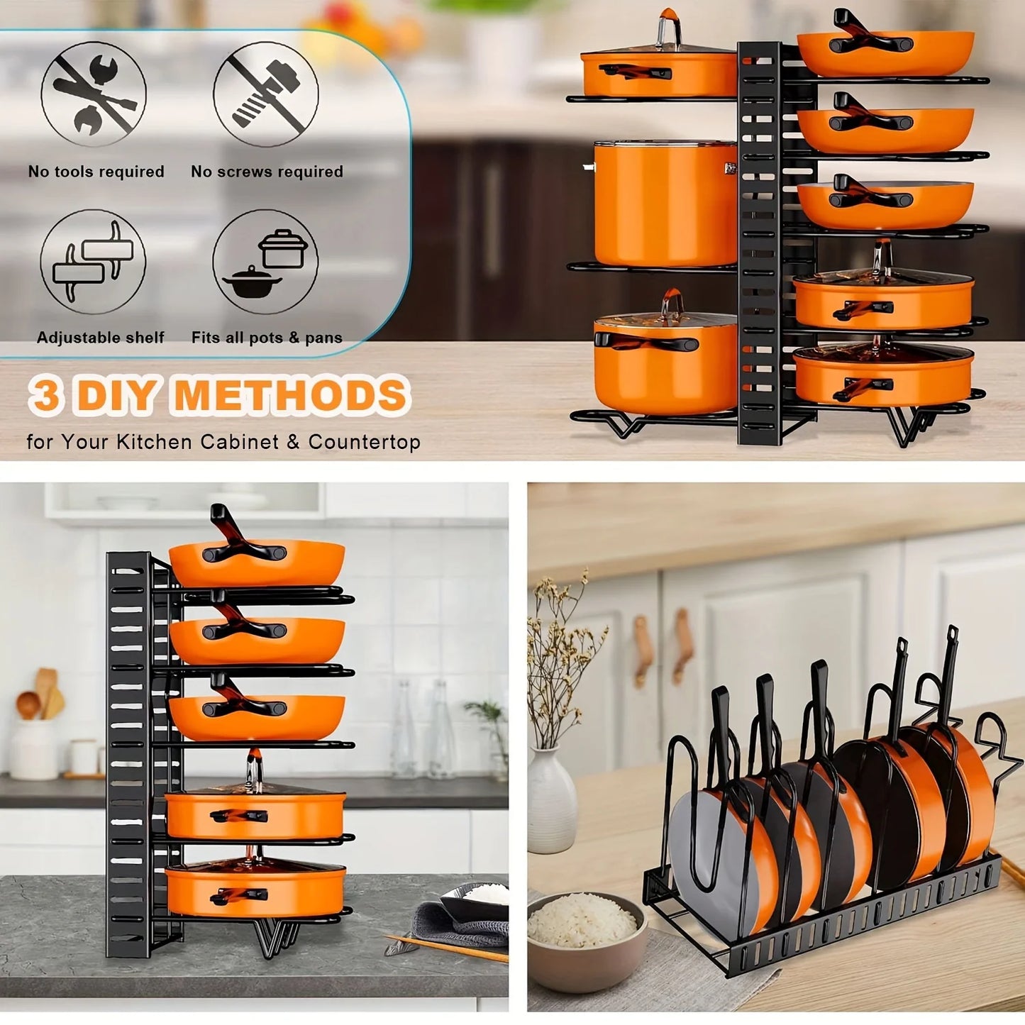 8-Tier Adjustable Pot and Pan Organizer Rack